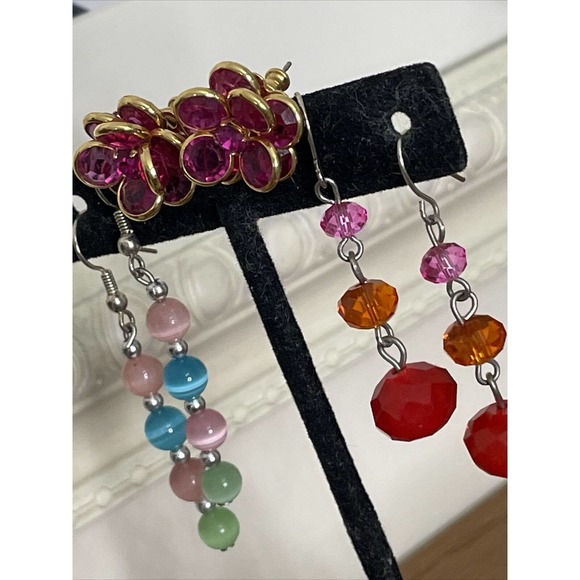 Bead Dangle Earrings Red Pink Orange Blue Cat Eye Stone Cluster Flower Pierced - Picture 4 of 7